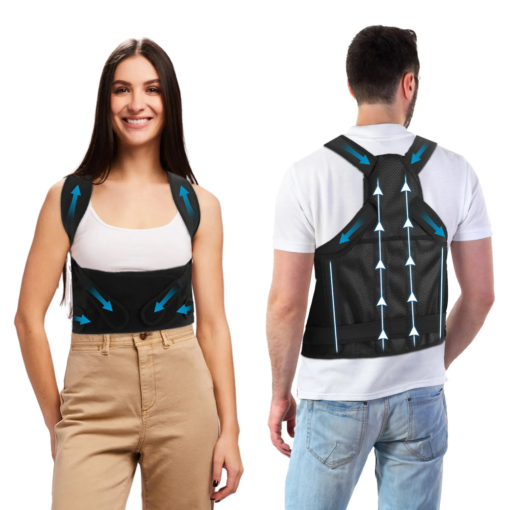 Posture corrector worn on a model, demonstrating comfortable fit for desk work