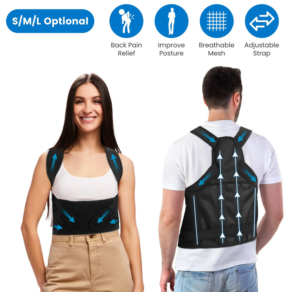 Posture corrector back view with crossed straps and support rods