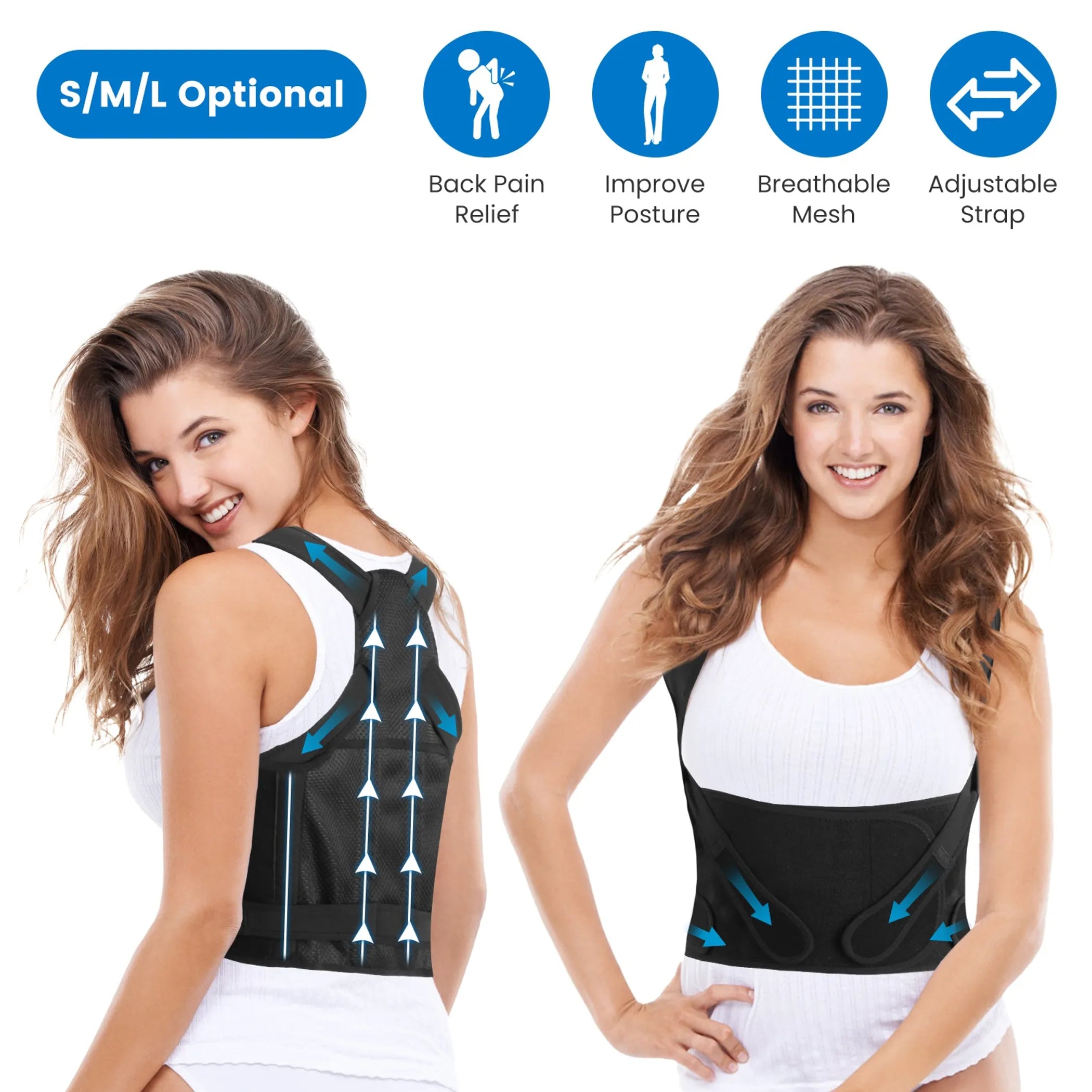 Posture corrector side view showing strap adjustment and breathable fabric
