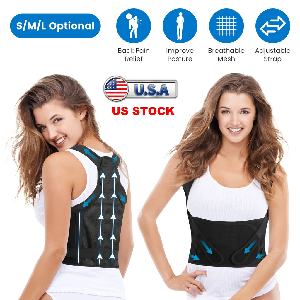 Posture corrector flat lay with adjustable straps and support rods visible